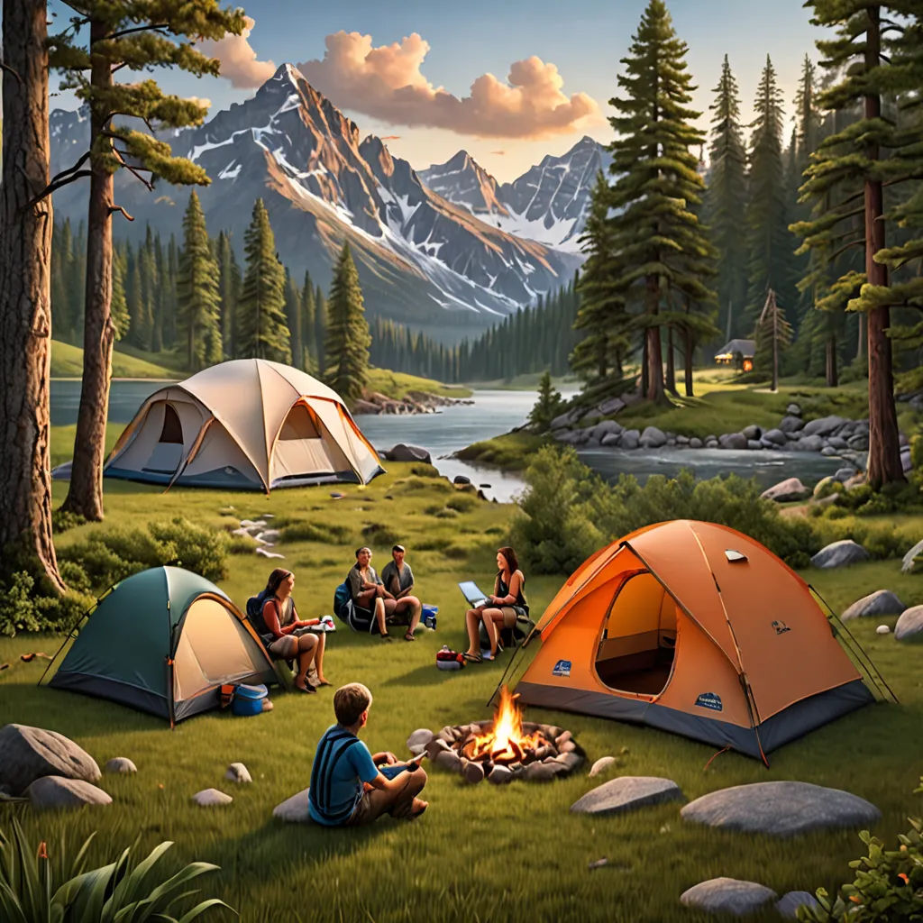 a painting of a family camping in the mountains with a campfire and tent in the foreground and a lake in the background, american scene painting, an ultrafine detailed painting, Dan Mumford, highly detailed digital painting