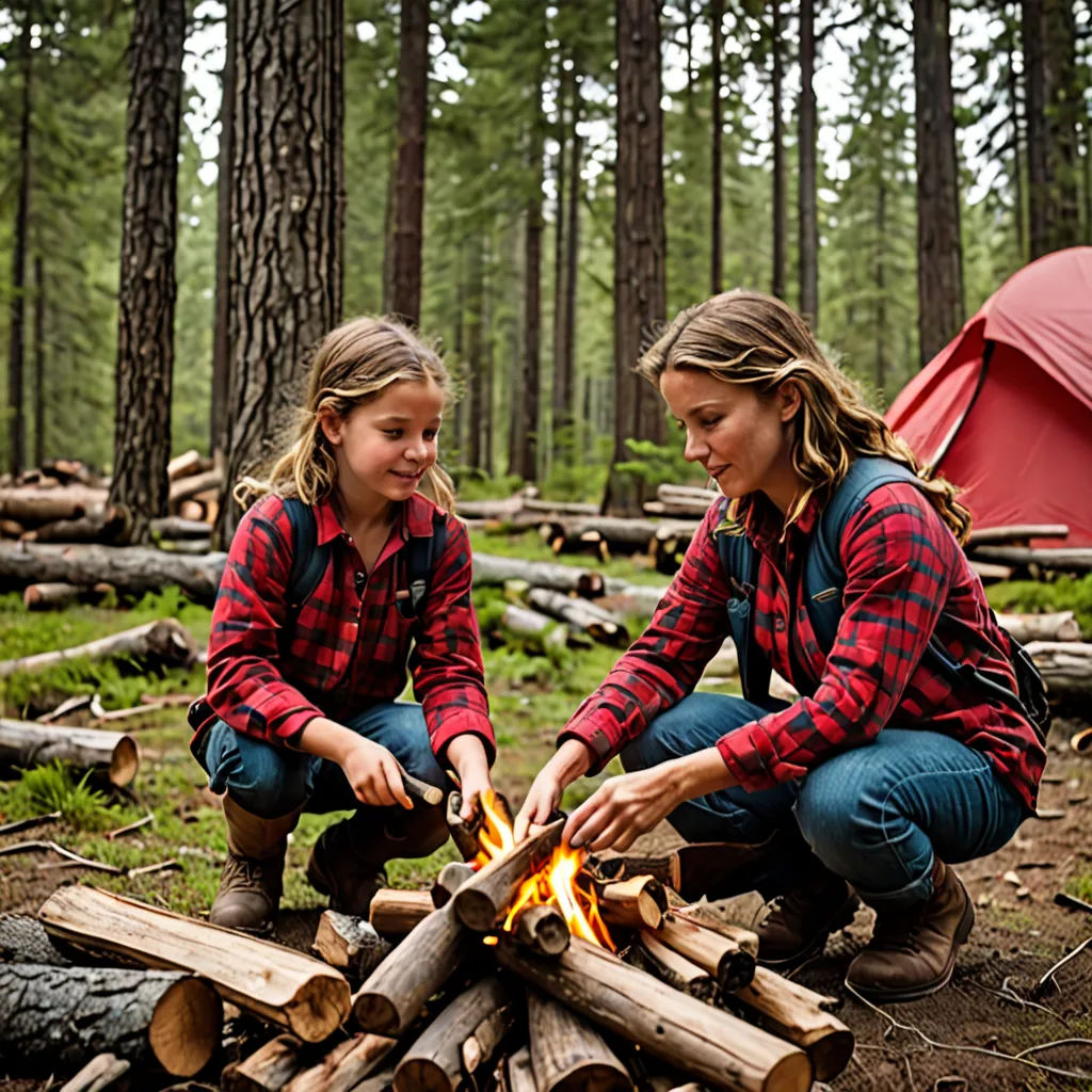 two girls sitting around a campfire in the woods with a tent in the background and a tent in the background, primitivism, a stock photo, Christian Hilfgott Brand, promotional image