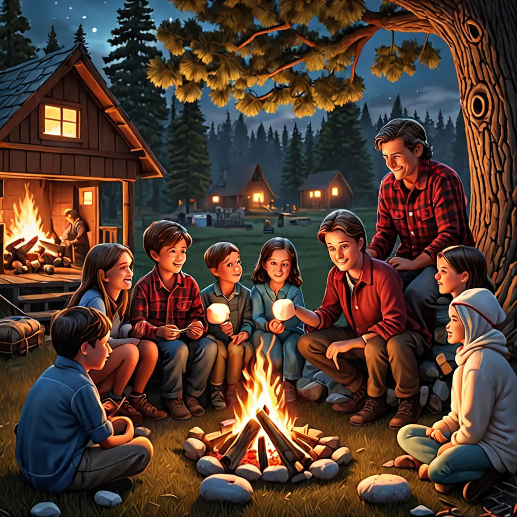 a group of children sitting around a campfire at night with a man standing over the fire and a woman sitting on the ground, american scene painting, a storybook illustration, Dan Mumford, official art