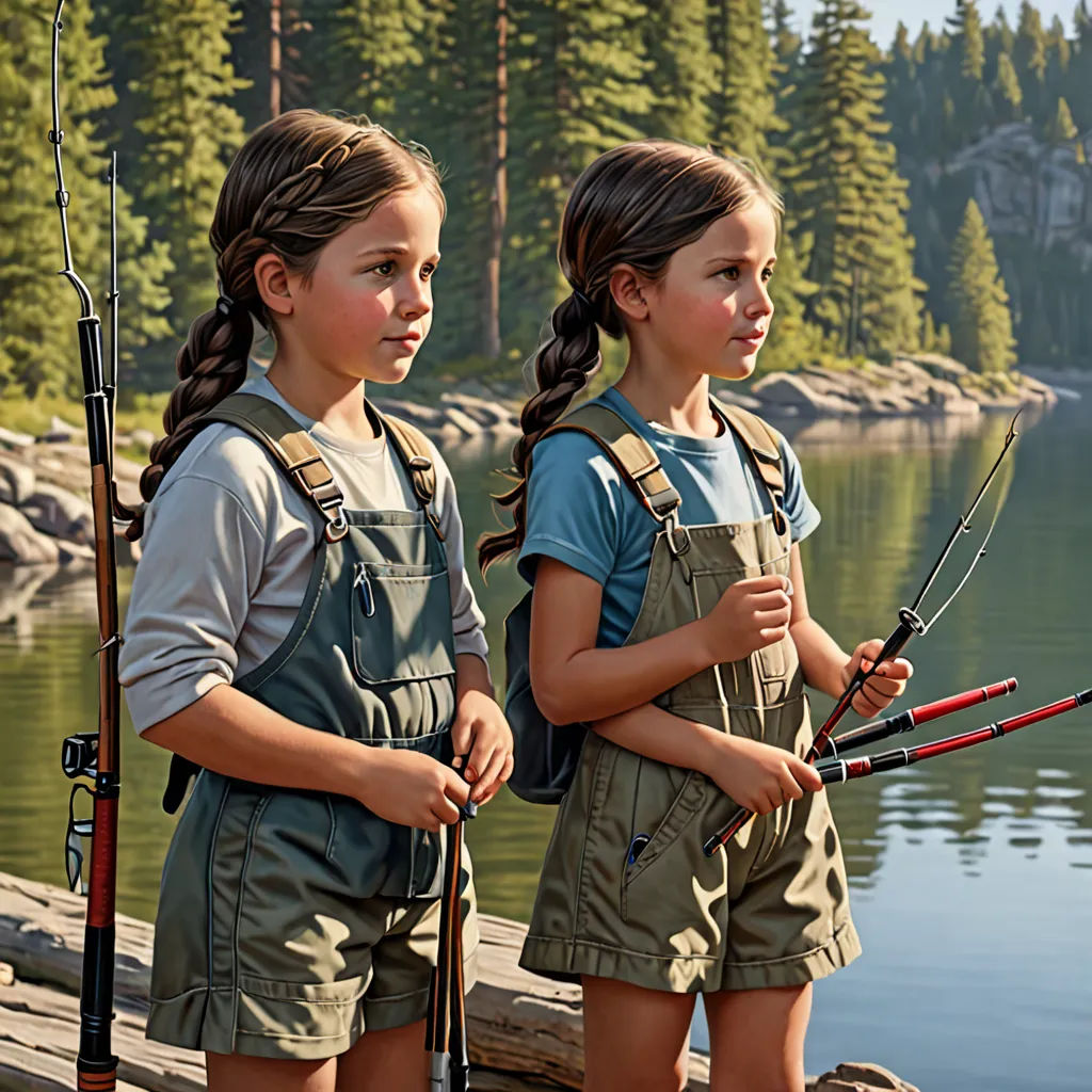two girls fishing on a dock with their rods and poles in their hands, with a lake in the background, photorealism, a hyperrealistic painting, Bob Byerley, highly detailed digital painting