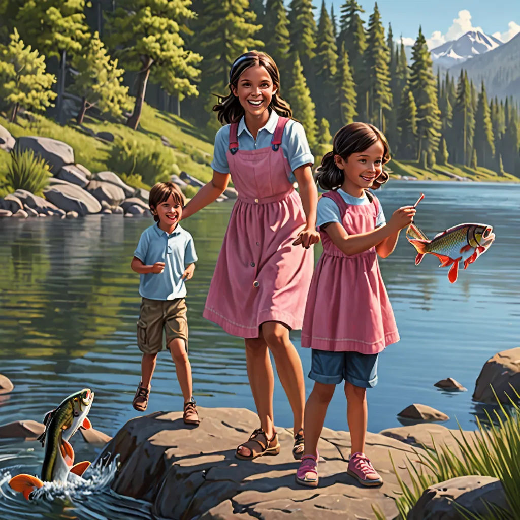 a painting of a family by a lake with a fish in their hands and a fish in their hand, american scene painting, a storybook illustration, Bob Byerley, highly detailed digital painting