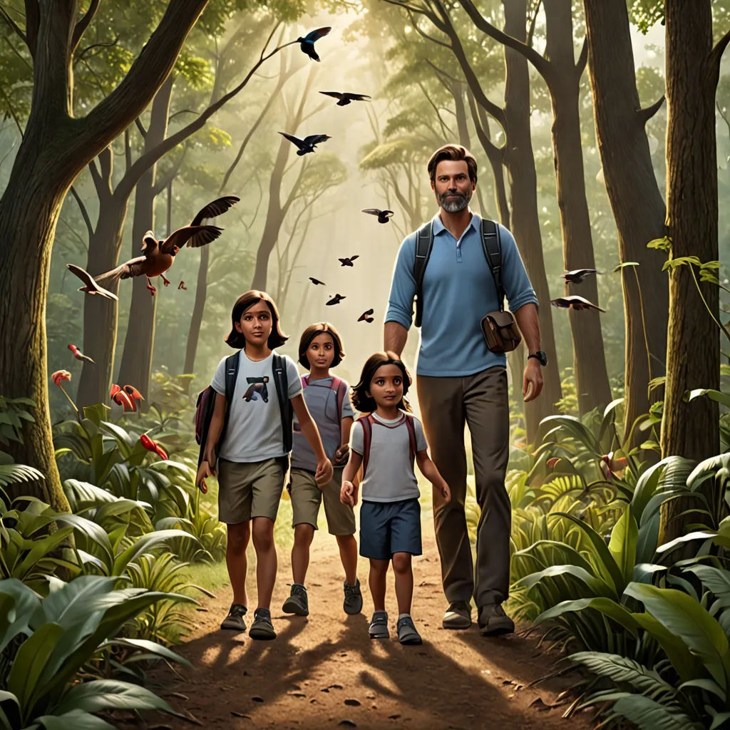 a man and two children walking through a forest with birds flying overhead and a man in a blue shirt and khaki shorts, samikshavad, poster art, Chris LaBrooy, promotional image