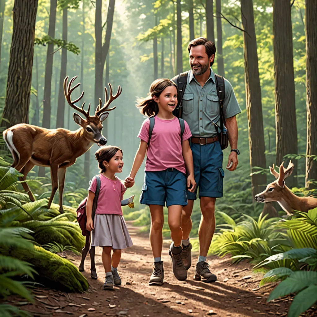 a man and two children walking through a forest with deer statues on the ground and trees in the background, environmental art, a digital rendering, Chris LaBrooy, promotional image