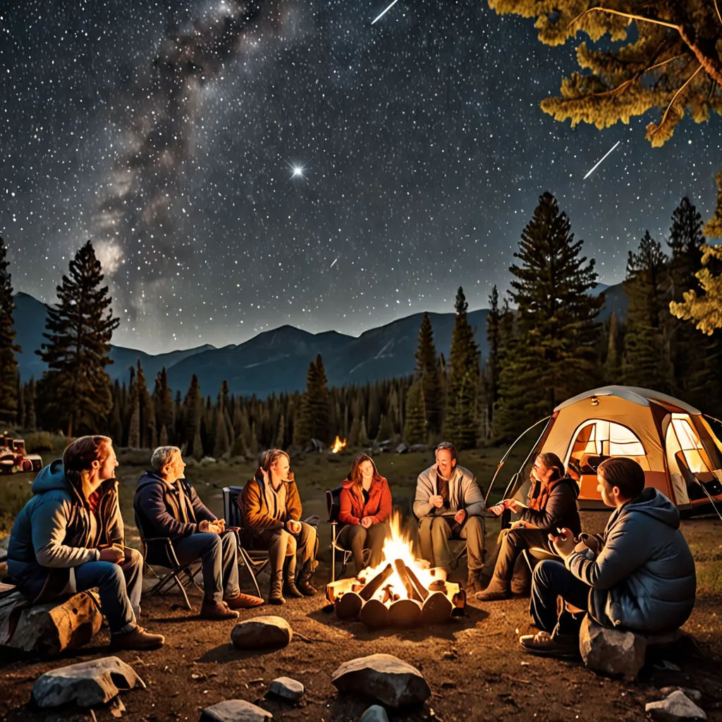 a group of people sitting around a campfire under a night sky filled with stars and a shooting star, american romanticism, a stock photo, Allen Tupper True, astrophotography