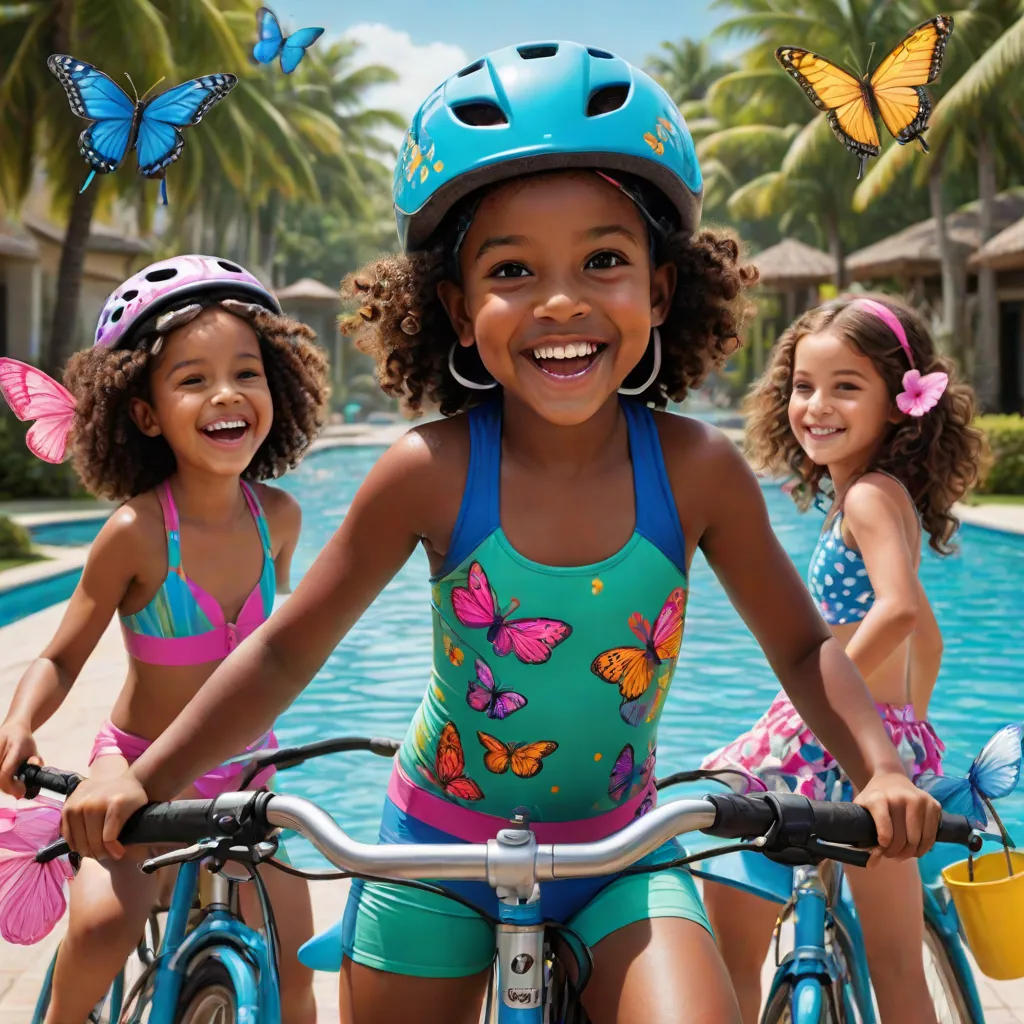 Little Girl's Swim Adventure Wearing Her Bike Helm...