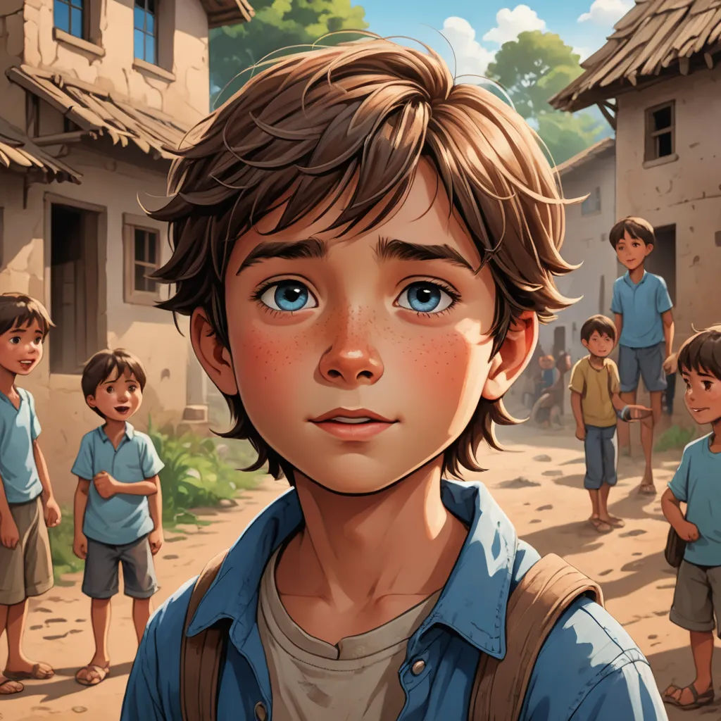 a boy with a backpack standing in front of a group of children in a village with a house on the other side, serial art, a storybook illustration, Diego Gisbert Llorens, rossdraws global illumination