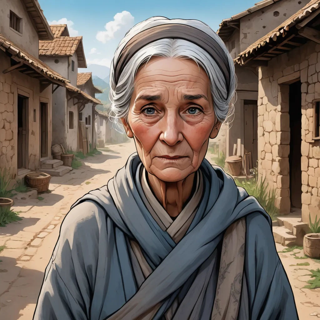 a painting of a woman in a village with a sky background and a stone path leading to a building, serial art, a character portrait, Constance Copeman, character portrait