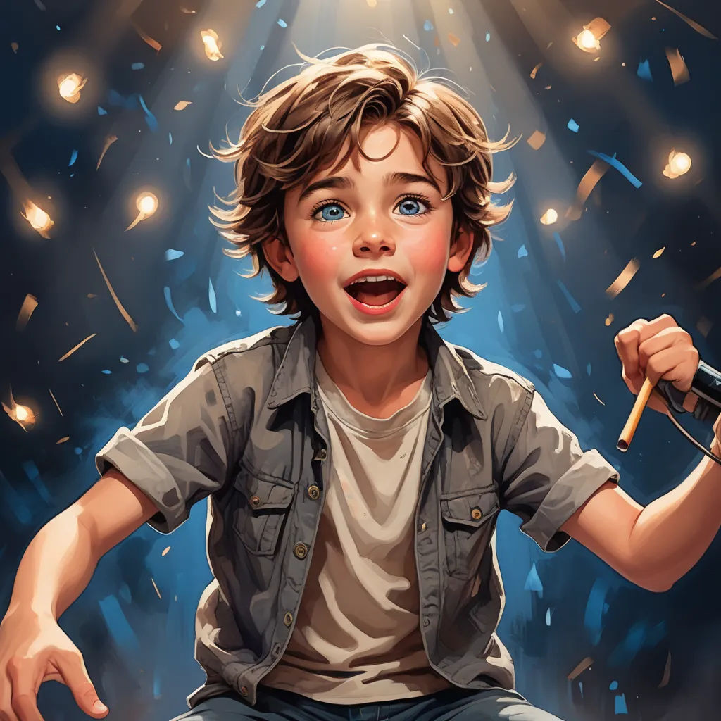 a painting of a boy holding a microphone and a microphone in his hand with a spotlight coming from behind him, fantasy art, a storybook illustration, Chris Rallis, stanley artgerm lau