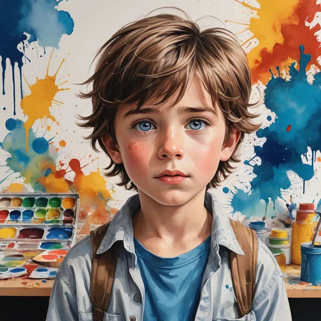 a painting of a boy with blue eyes and a backpack on his shoulders, in front of a colorful background, photorealism, a detailed painting, artist, detailed painting