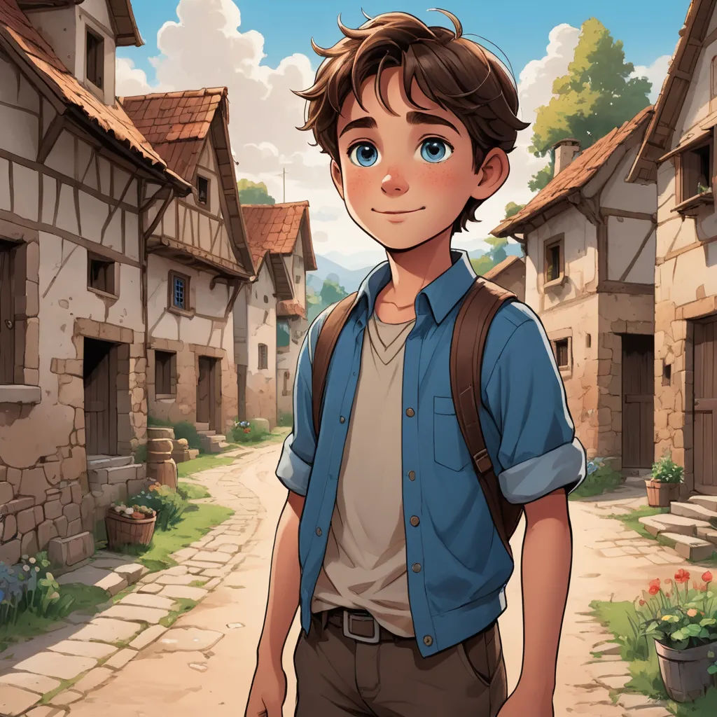 a boy with a backpack is standing in a village street with a stone path and houses in the background, fantasy art, a storybook illustration, Cedric Seaut (Keos Masons), kinkade