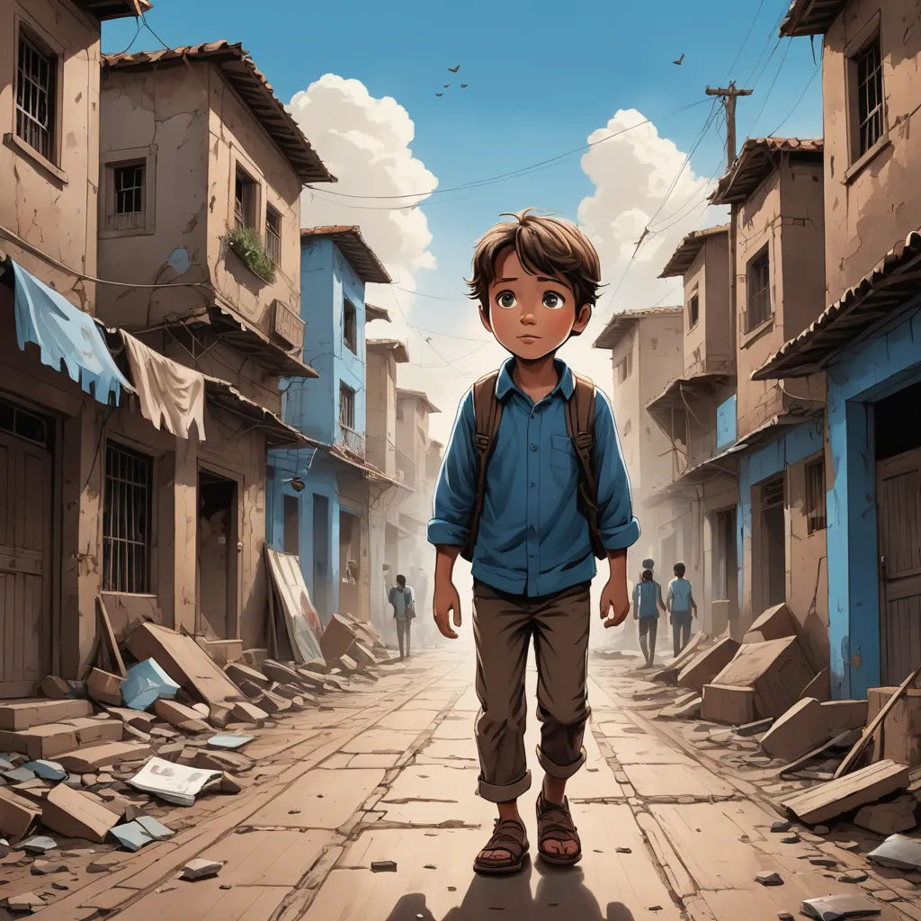 a boy walking down a street in a cartoon style with a backpack on his back and a blue shirt on, hurufiyya, a storybook illustration, Asaf Hanuka, rossdraws global illumination