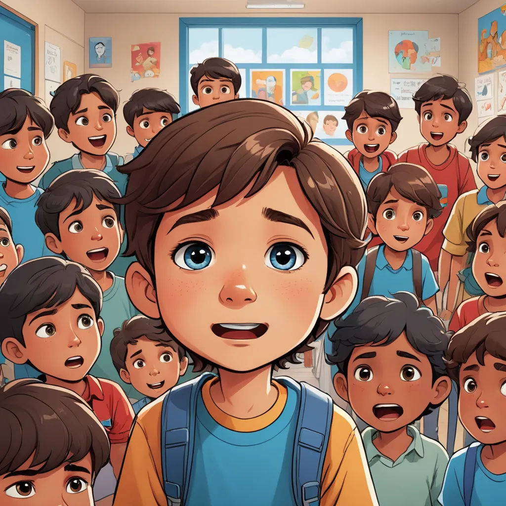 a boy in a classroom with a group of children behind him, looking at the camera with a surprised look on his face, vancouver school, a storybook illustration, Diego Gisbert Llorens, comic cover art