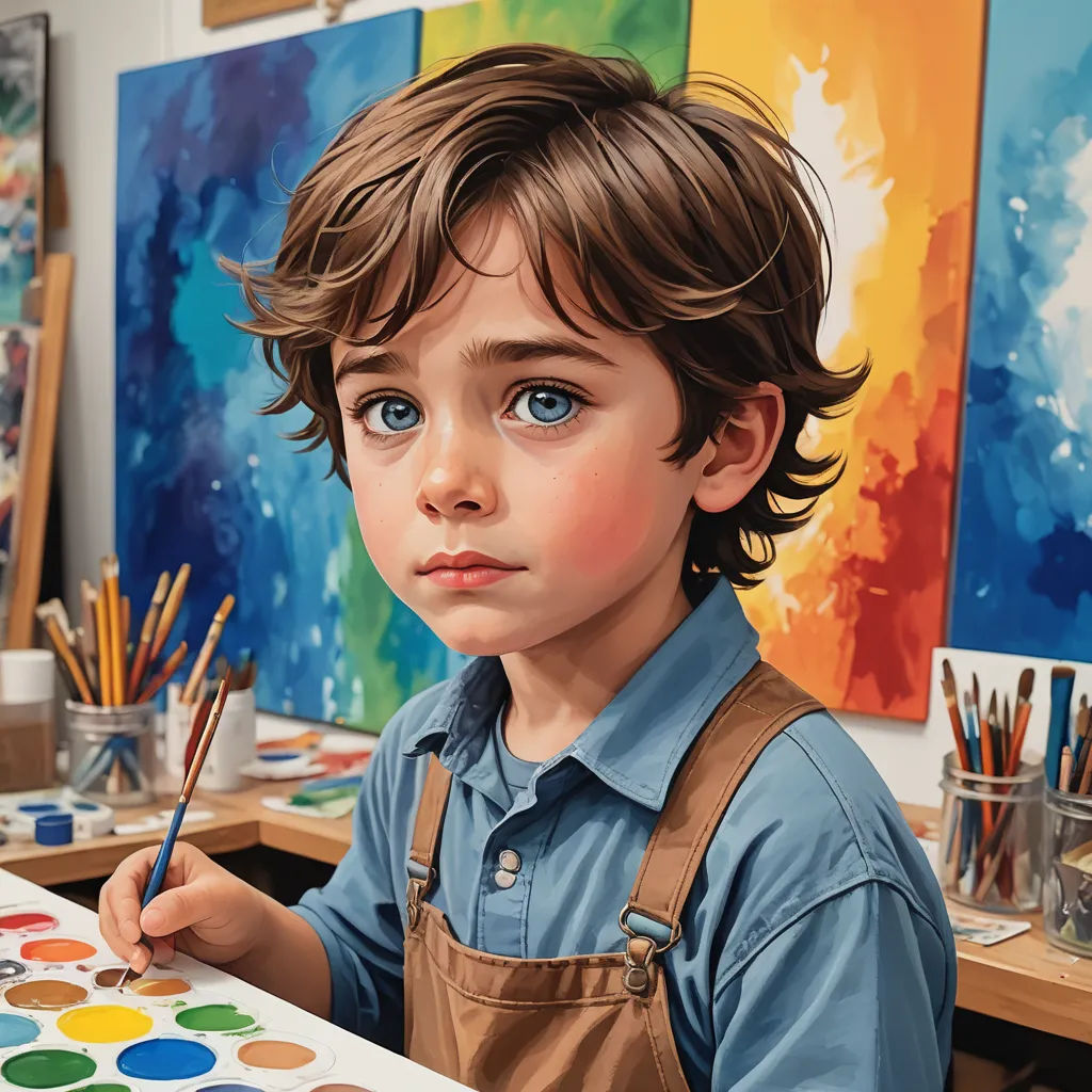 a young boy is painting with a brush and palettes in his hands and a painting of a space shuttle in the background, photorealism, a hyperrealistic painting, artist, professional digital painting