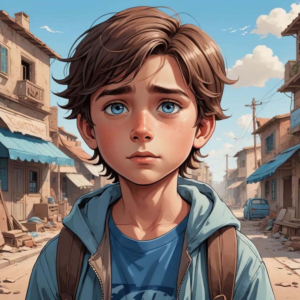 a boy with a backpack standing in front of a street with buildings and a sky background with clouds and buildings, photorealism, a character portrait, Aaron Jasinski, stanley artgerm lau