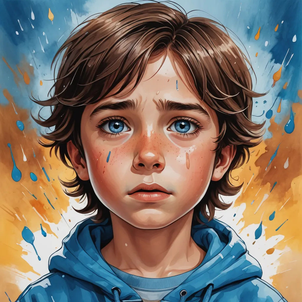a painting of a young boy with blue eyes and a hoodie on, with a splash of paint on his face, hyperrealism, a detailed painting, Aaron Jasinski, stanley artgerm lau