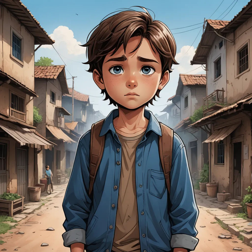 a boy with a backpack standing in a street in front of a building with a sky background and a person standing in the background, cynical realism, a character portrait, Cliff Childs, 2 d game art