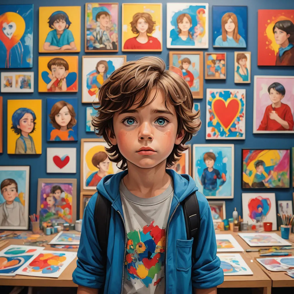 a young boy standing in front of a wall of paintings of people and hearts on it's walls, photorealism, a hyperrealistic painting, Aaron Jasinski, extremely detailed oil painting