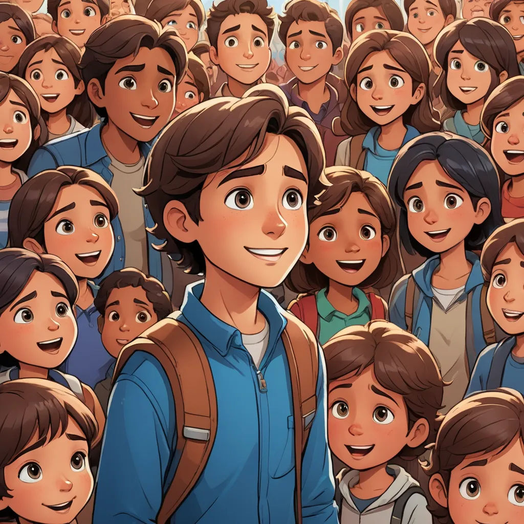 a crowd of people with a man in the middle of the crowd with a backpack on his shoulder and a man in the middle of the crowd with a backpack, vancouver school, a storybook illustration, disney, comic cover art