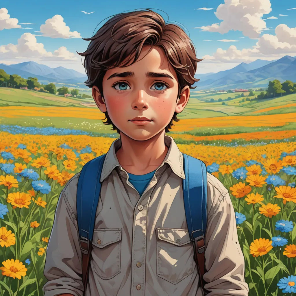 a painting of a boy in a field of flowers with a blue backpack on his shoulder and a mountain in the background, photorealism, a character portrait, Aaron Jasinski, trending on art station