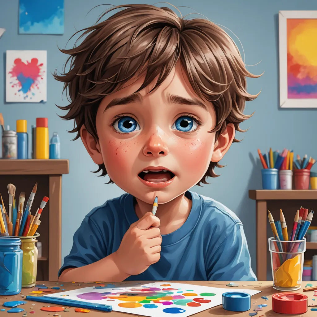 a painting of a boy with a pencil in his mouth and a painting of a heart on the table, photorealism, a detailed painting, artist, professional digital painting
