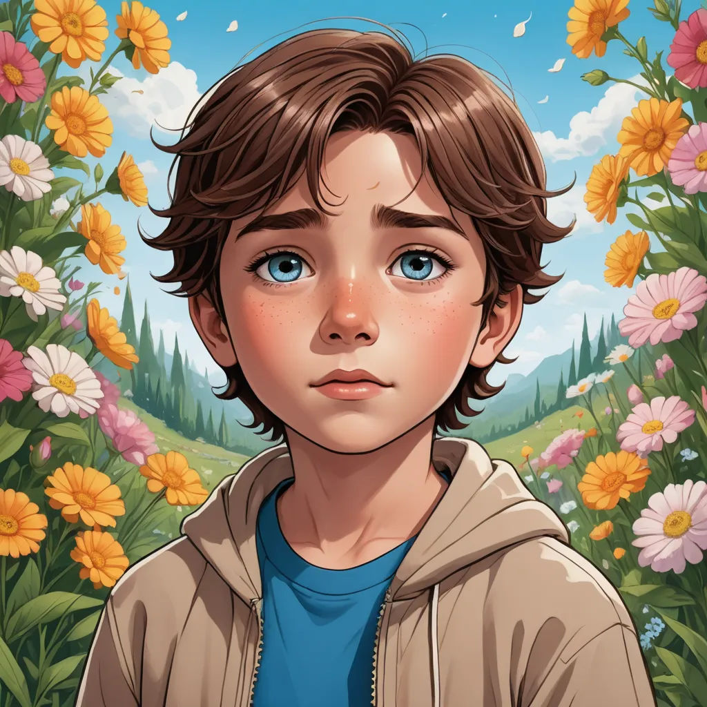a boy in a field of flowers with a blue shirt on and a brown jacket on, with a blue shirt on, fantasy art, a character portrait, Aaron Jasinski, kinkade