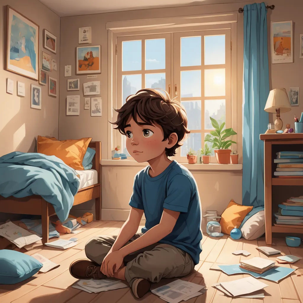 a boy sitting on the floor in a bedroom with a messy floor and a window with blue curtains and a blue curtain, photorealism, a storybook illustration, Diego Gisbert Llorens, rossdraws global illumination