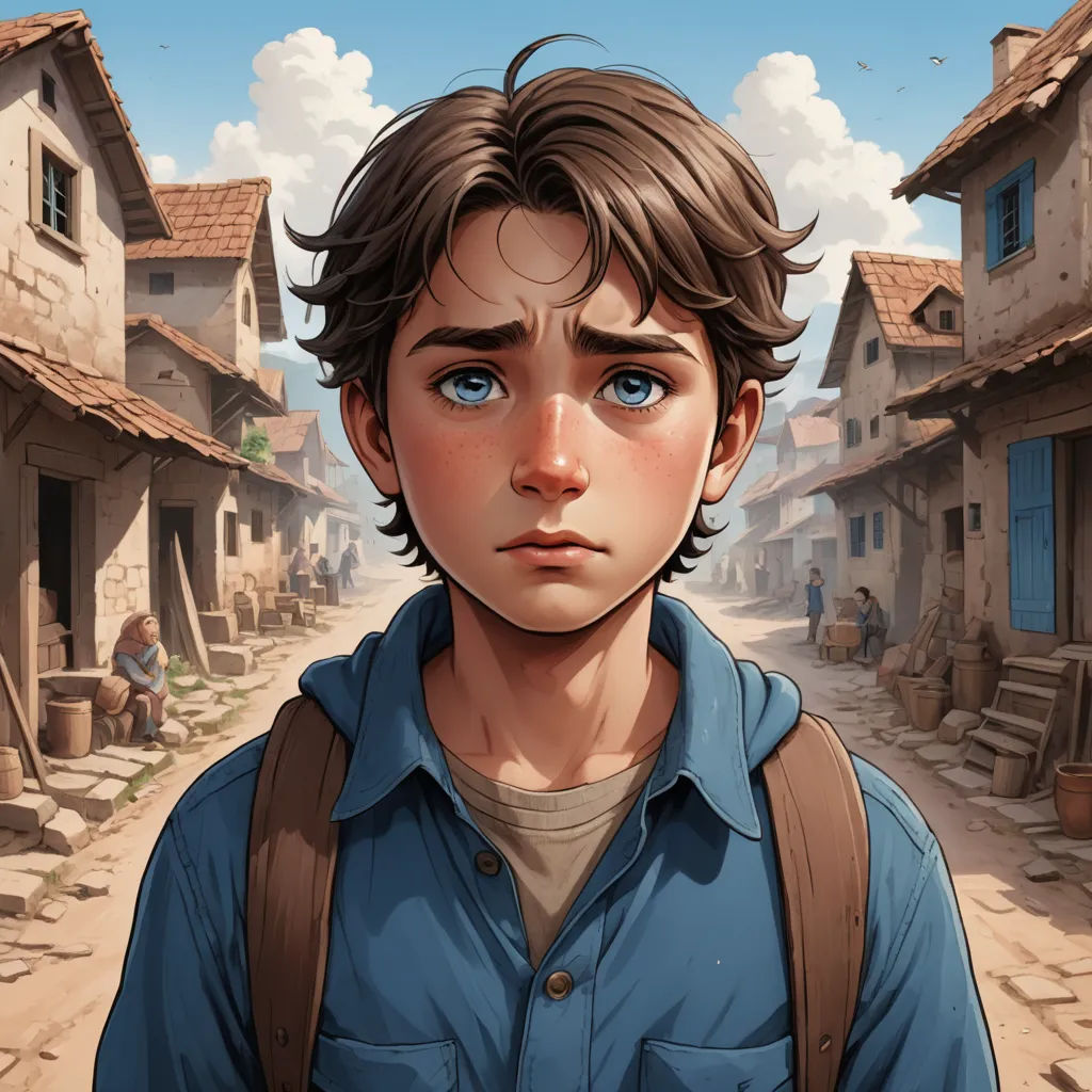 a boy with a backpack standing in a village looking at the camera with a blue sky in the background, serial art, a character portrait, Cedric Seaut (Keos Masons), 2 d game art