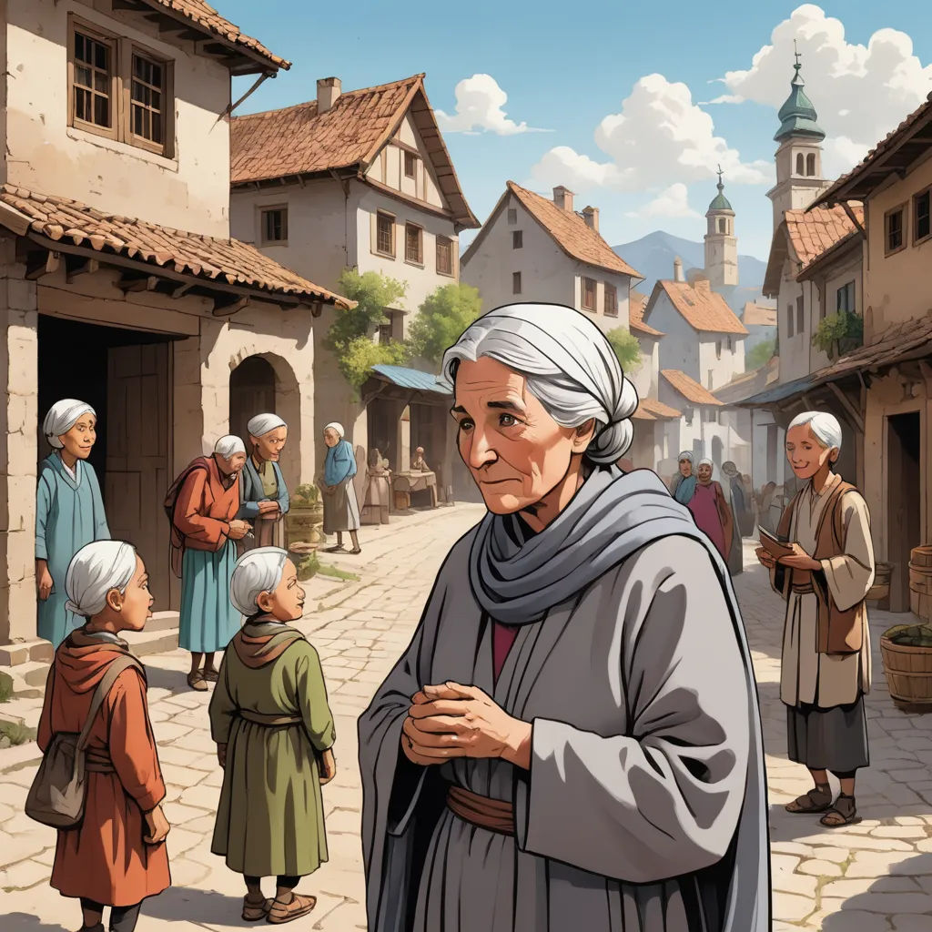 a painting of a woman standing in a village with other people and buildings in the background, with a child standing in the foreground, fantasy art, a storybook illustration, Felice Casorati, storybook illustration