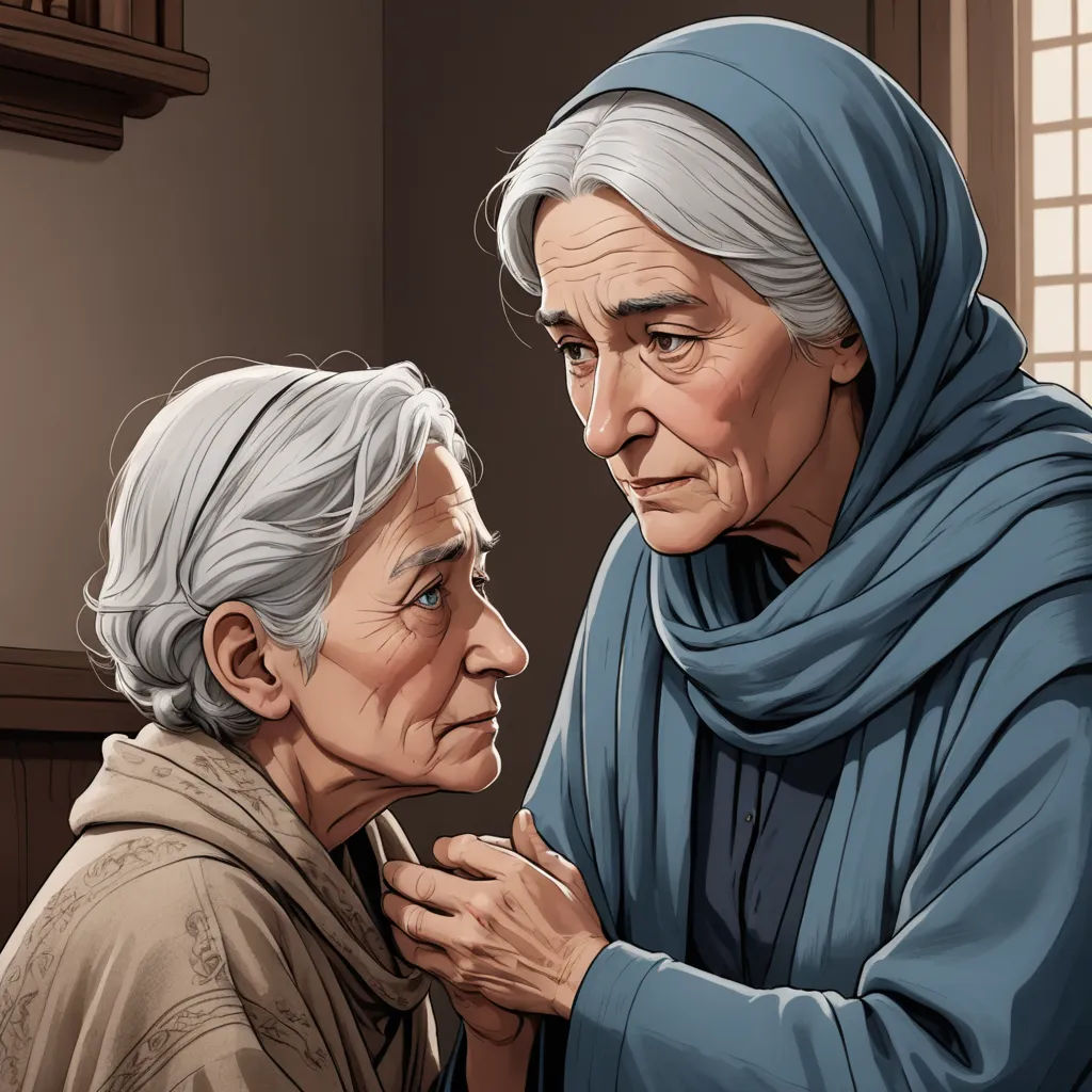 a woman is looking at an older woman with a blue scarf on her head and a blue scarf on her head, serial art, a detailed painting, Dan Mumford, ultra realistic illustration