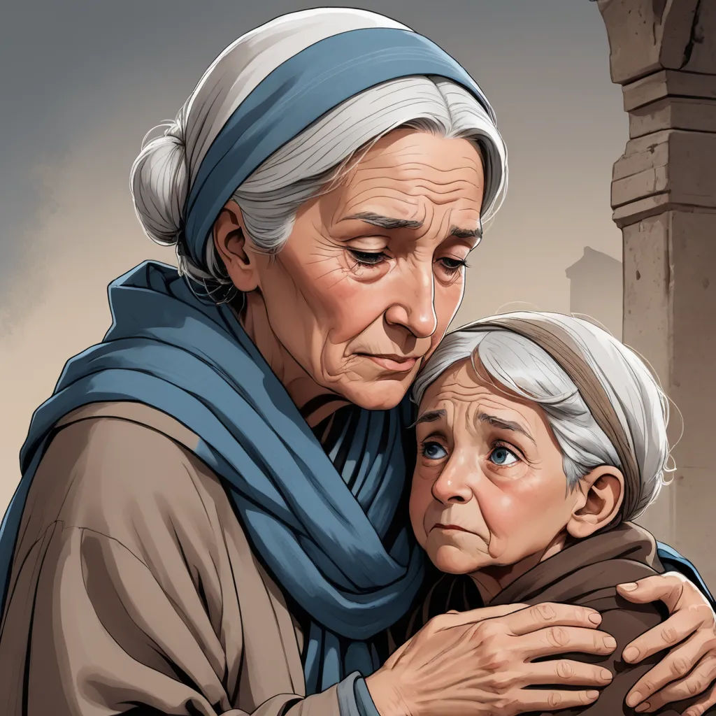 a painting of a woman hugging a woman with a blue scarf on her head and a building in the background, serial art, a storybook illustration, Ada Gladys Killins, ultra realistic illustration