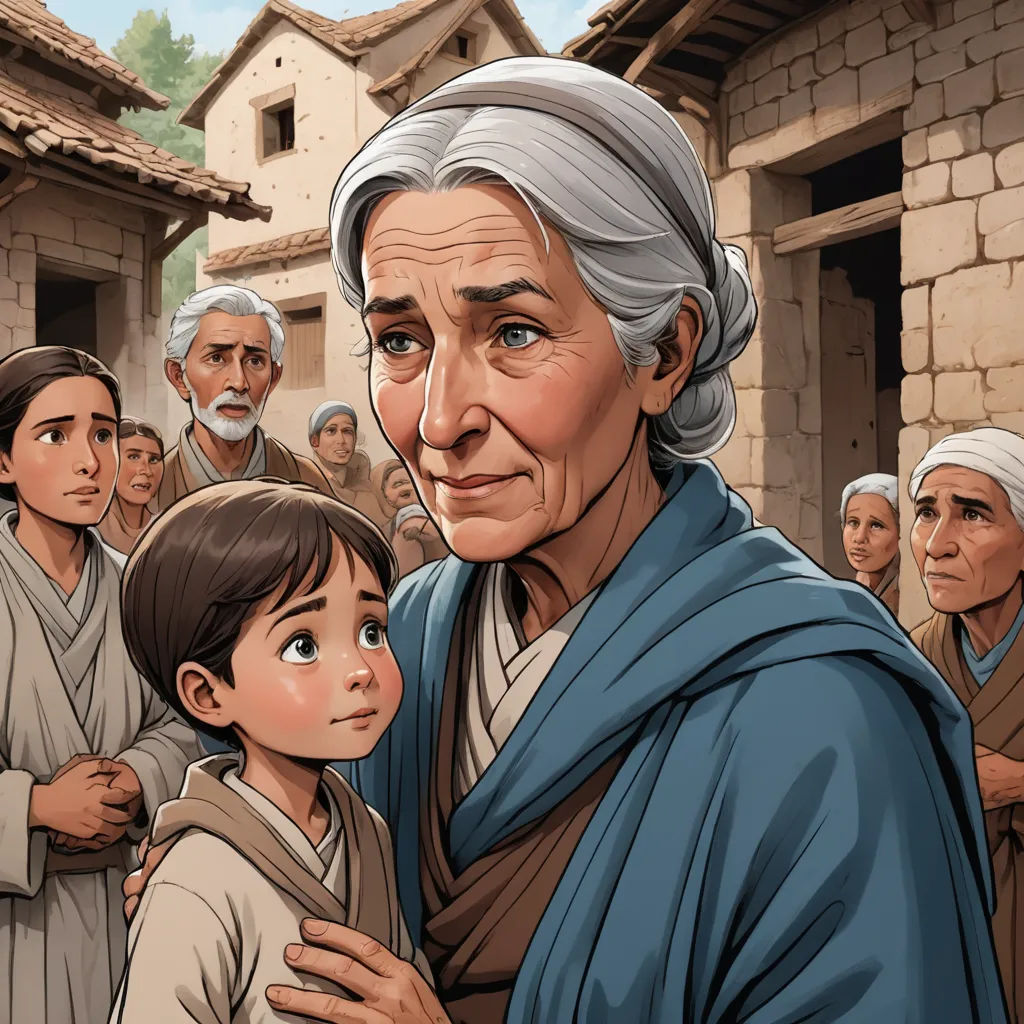 a painting of a woman holding a child in front of a crowd of people in a village with stone buildings, context art, a storybook illustration, Eva Gonzalès, storybook illustration