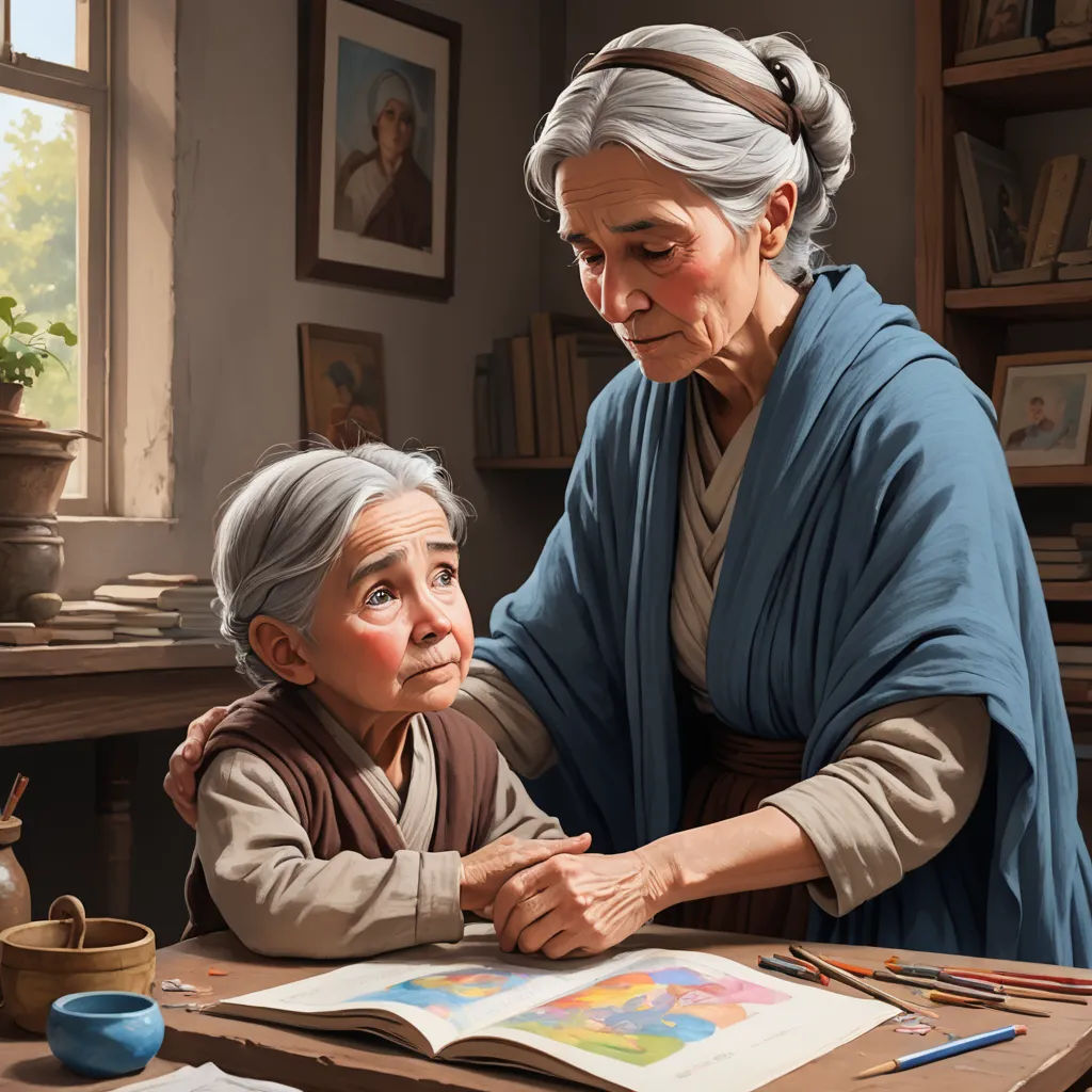 a painting of a woman and a child looking at a book together on a table with a potted plant, american scene painting, a storybook illustration, Byeon Sang-byeok, storybook illustration