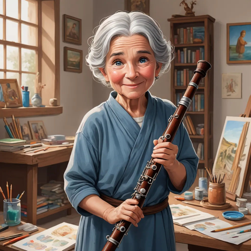 a cartoon of a woman holding a flute in a room with paintings on the walls and a desk with a painting on it, american scene painting, a character portrait, Bob Byerley, professional digital painting