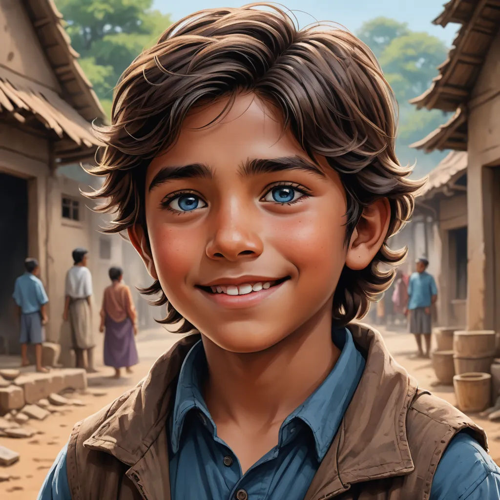 a painting of a boy with blue eyes and a brown vest on in a village with people walking around, samikshavad, a digital painting, Aaron Jasinski, highly detailed digital painting