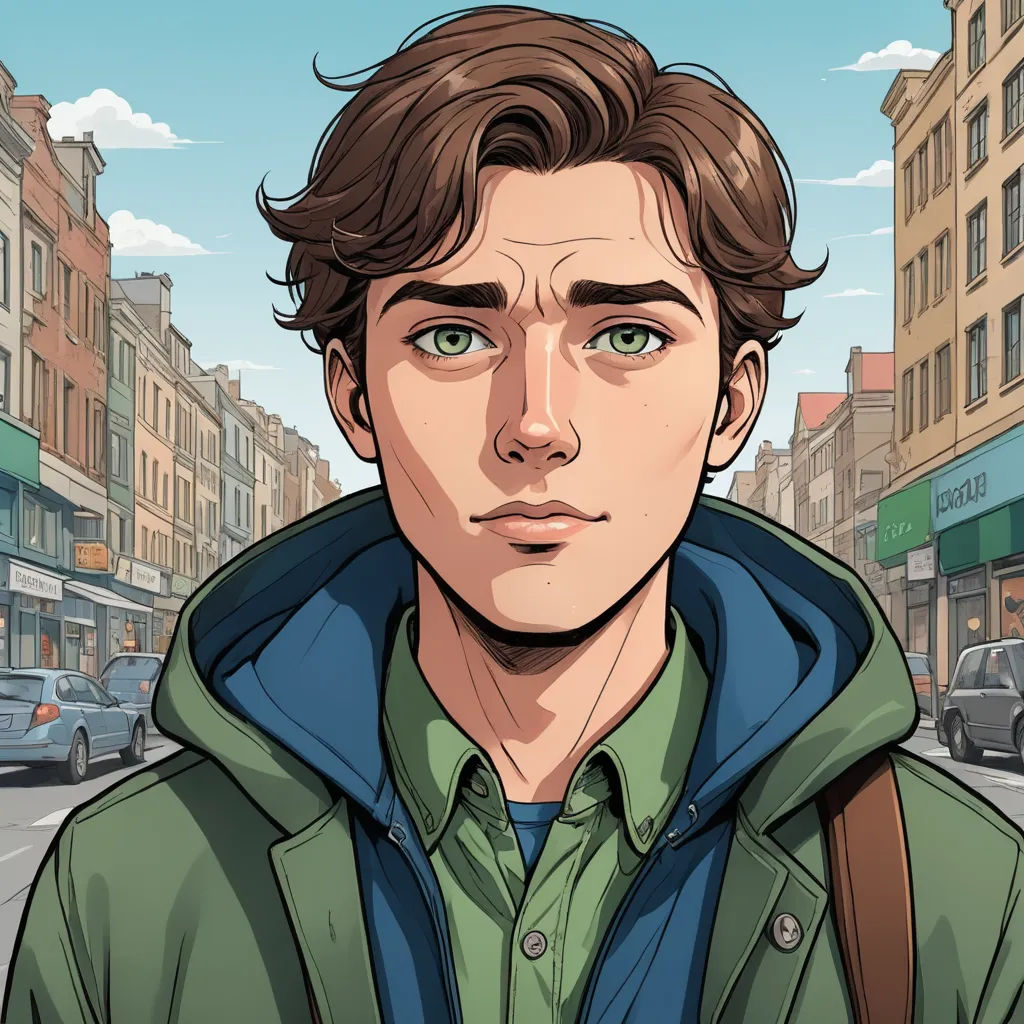 a man with a backpack on a city street with buildings in the background and a street sign in the foreground, serial art, a character portrait, Cedric Seaut (Keos Masons), character portrait
