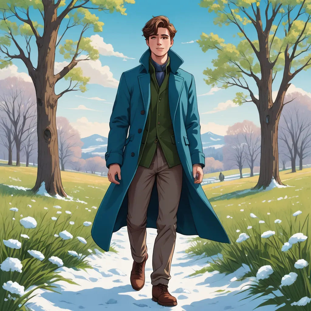 a man in a coat and tie walking through a snowy field with trees and bushes in the background,, pre-raphaelitism, a character portrait, David Brewster, official art