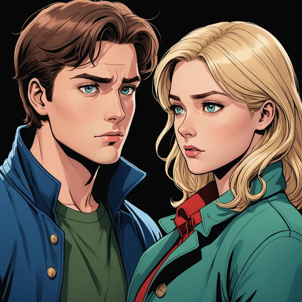 a man and a woman are looking at each other with blue eyes and blonde hair, and one is wearing a green jacket, international gothic, a comic book panel, Artgerm, comic cover art