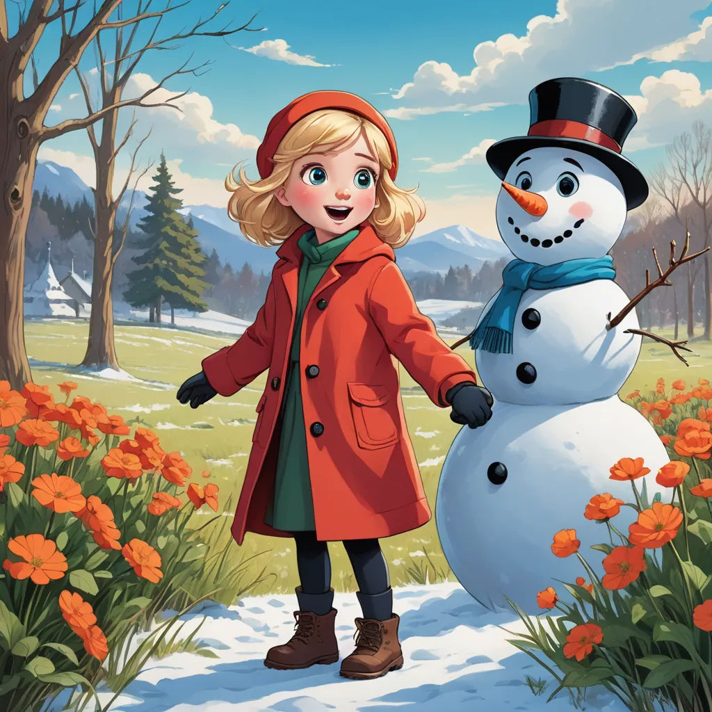 a girl standing next to a snowman in a field of flowers and trees with a sky background and clouds, sots art, a storybook illustration, Anne Said, official art