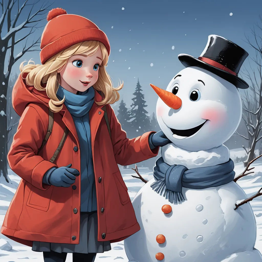 a girl in a red coat and a snowman in a snowy forest with trees and snow on the ground, naive art, a storybook illustration, A.B. Frost, highly detailed digital painting