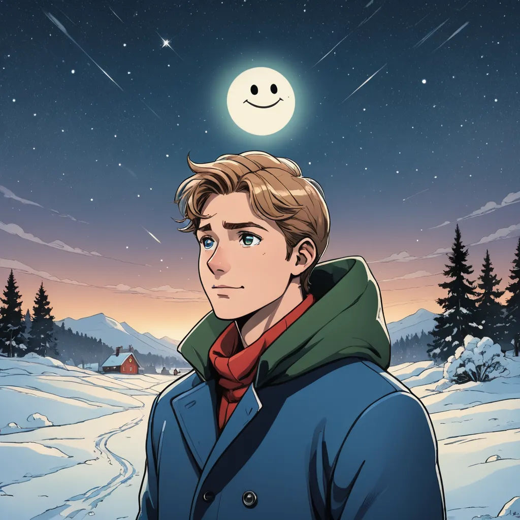 a man standing in the snow under a full moon with a smile on his face and a red scarf around his neck, sots art, a comic book panel, Evan Charlton, official art