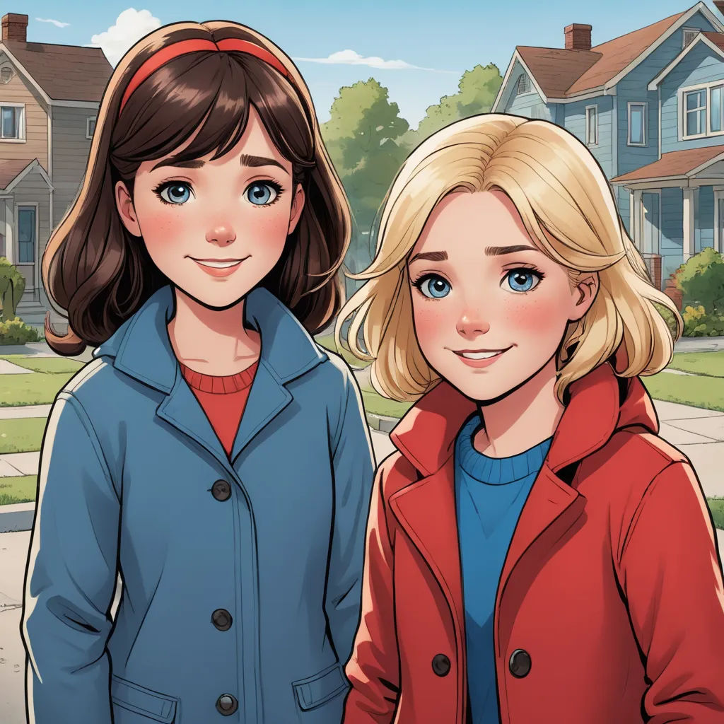 two women standing next to each other in front of a house with a blue sky and green grass behind them, american scene painting, a comic book panel, Ada Gladys Killins, official art