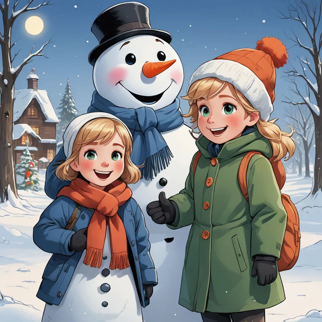 two children standing next to a snowman in the snow with a snowman on his head and a snowman on his shoulder, lyco art, a storybook illustration, Cliff Childs, official art