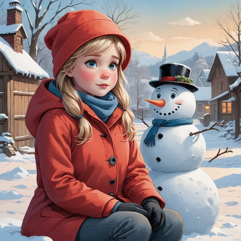 a girl in a red coat and a snowman in the snow near a house and trees with snow, naive art, a detailed painting, Cyril Rolando, highly detailed digital painting