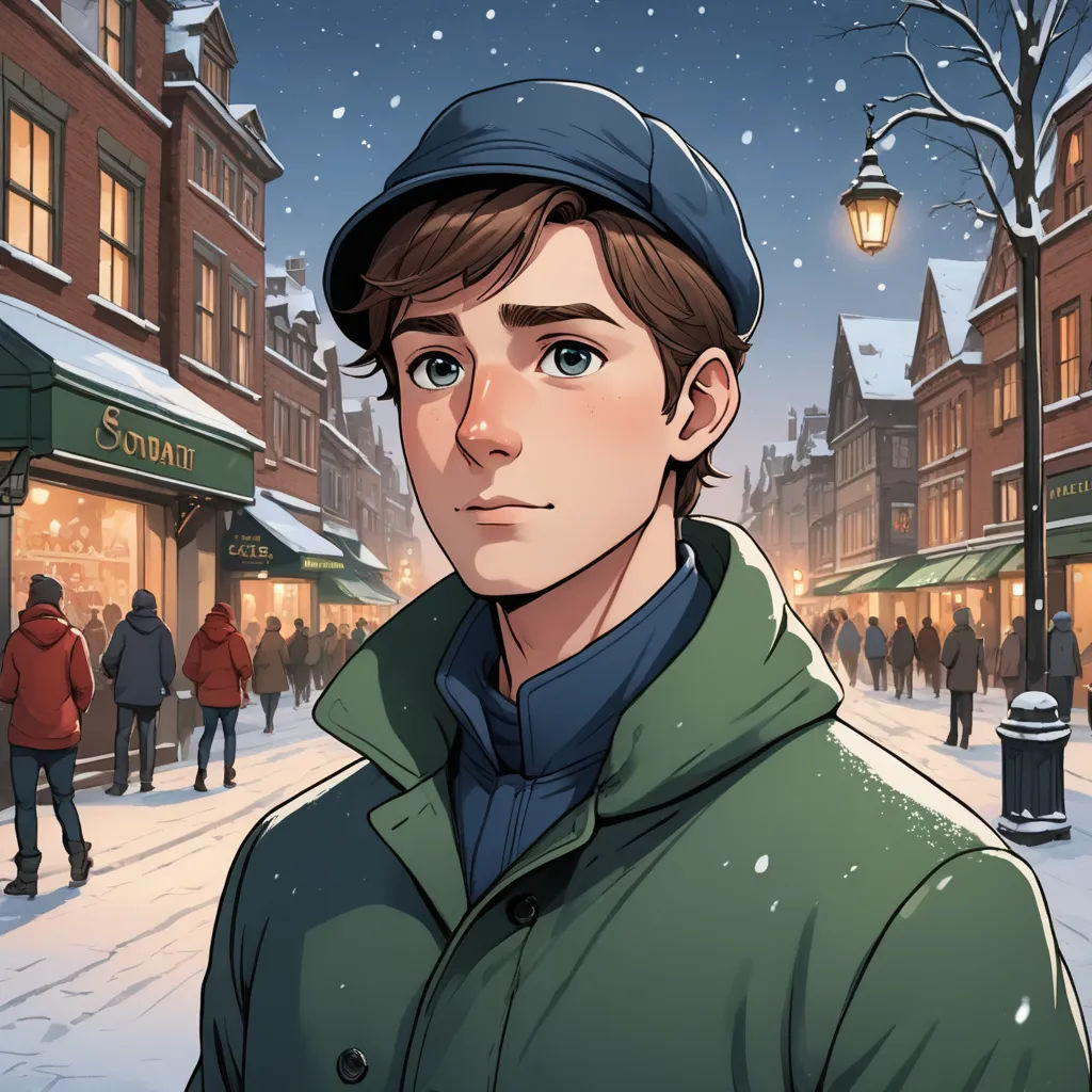 a man in a green jacket and hat standing in front of a street with people walking on it and a street light, sots art, a character portrait, Cedric Seaut (Keos Masons), kinkade