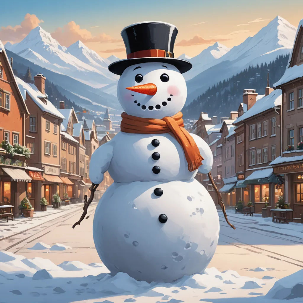 a snowman with a top hat and scarf on in the snow in front of a town with mountains, american scene painting, an airbrush painting, Evgeny Lushpin, highly detailed digital painting