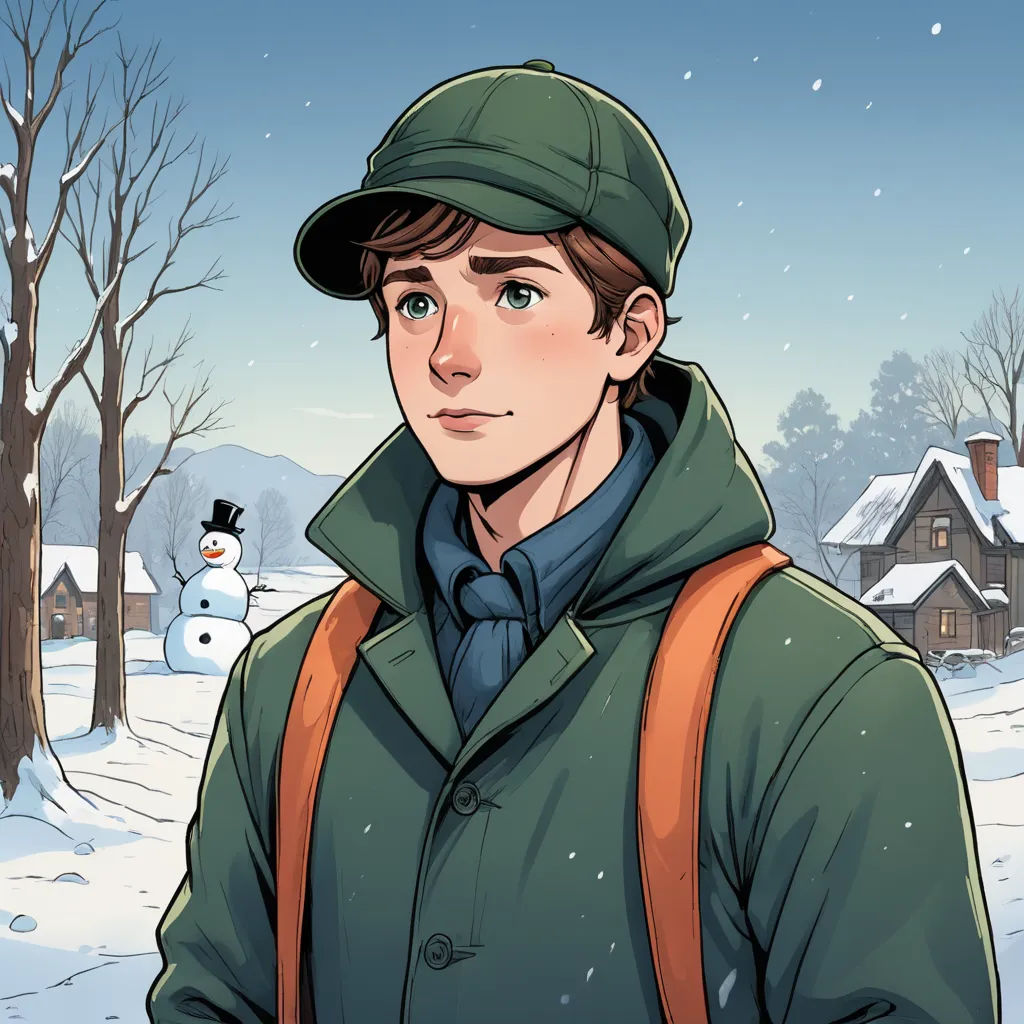 a man in a green jacket and hat standing in front of a snowman in a snowy forest with a house, sots art, a character portrait, Cedric Seaut (Keos Masons), kinkade