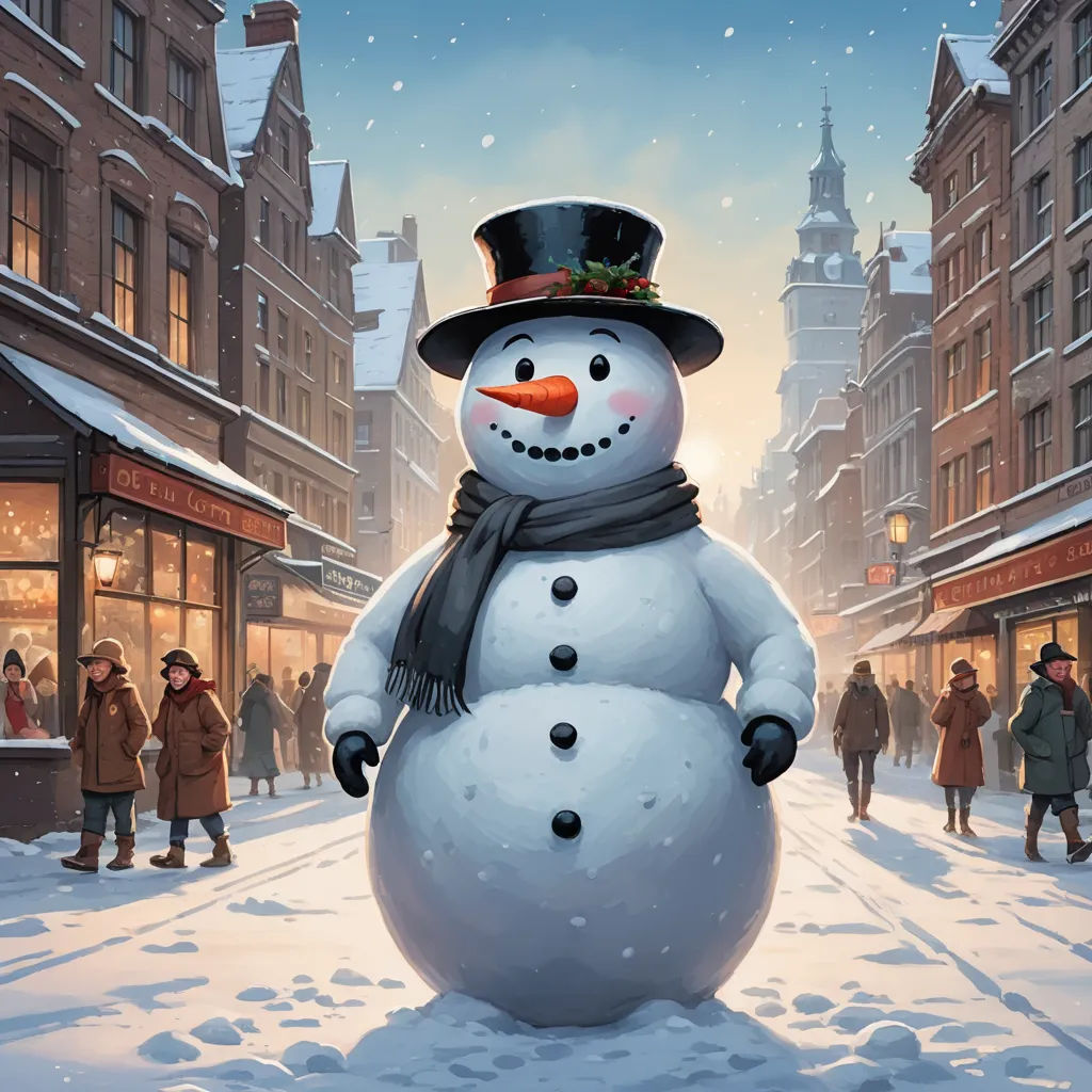 a snowman is standing in the middle of a snowy street with people walking around it and buildings in the background, naive art, an airbrush painting, Evgeny Lushpin, official art