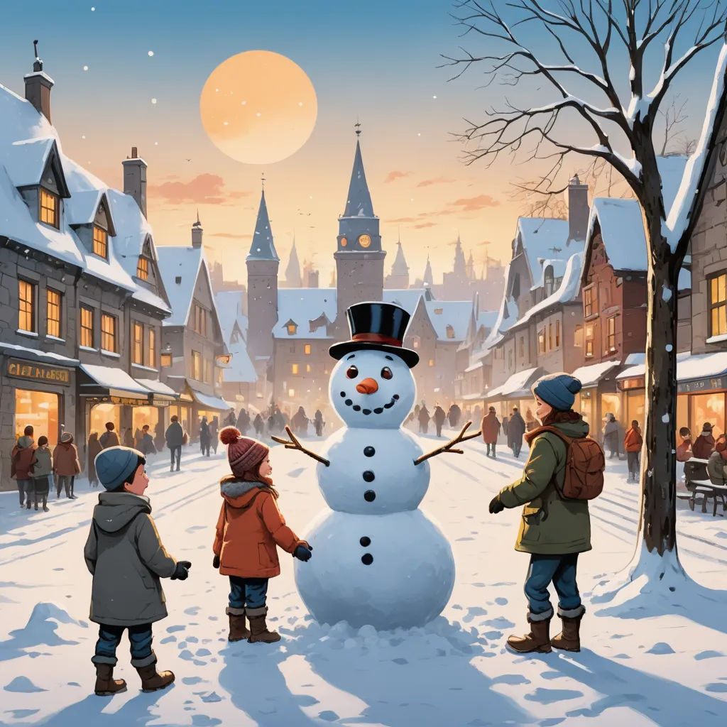 a group of children standing around a snowman in the snow near a town with a clock tower in the background, naive art, a storybook illustration, Evgeny Lushpin, official art