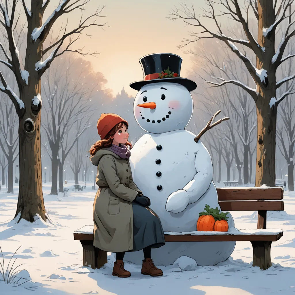 a woman sitting on a bench next to a snowman in a park with trees and snow on the ground, context art, a storybook illustration, Evgeny Lushpin, storybook illustration