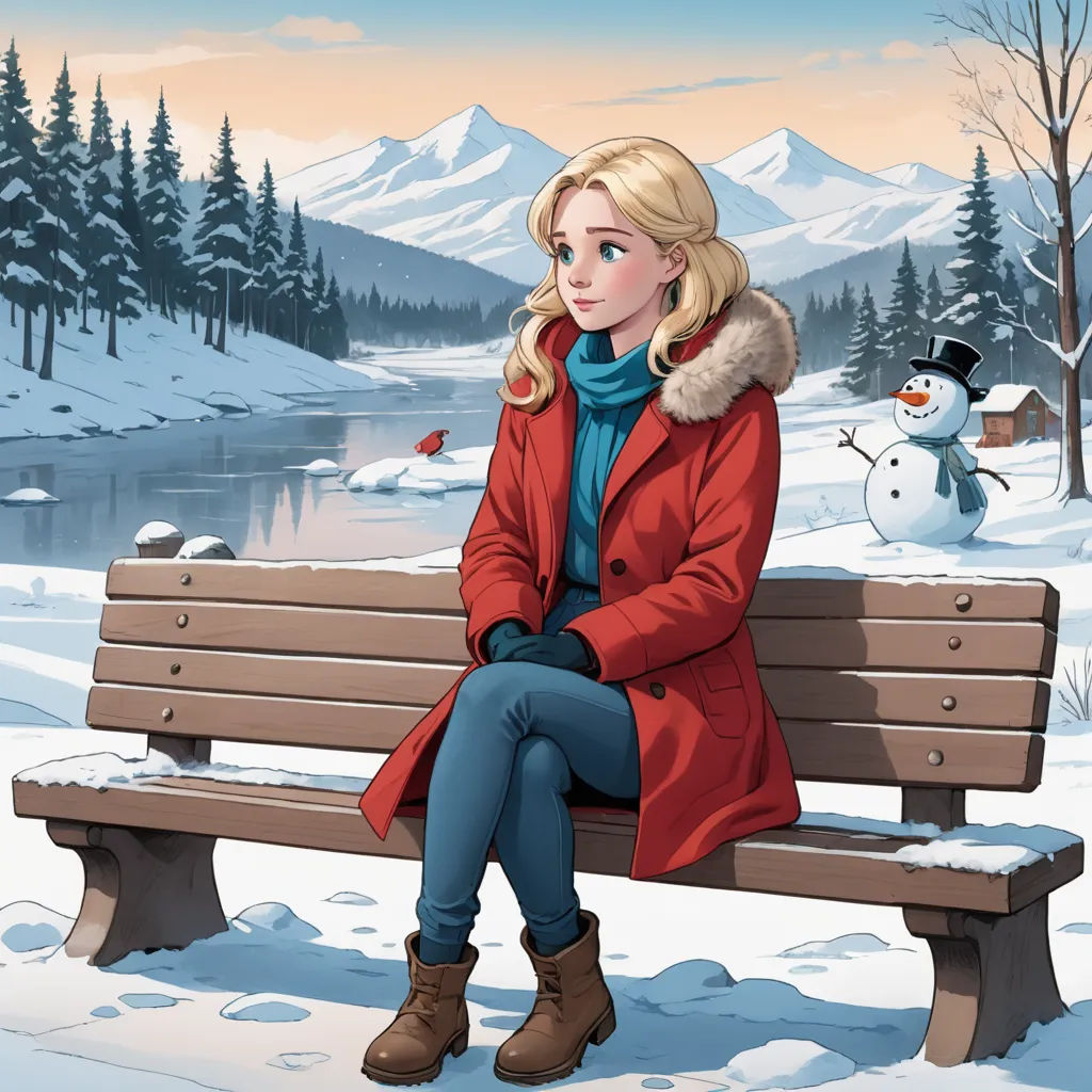 a woman sitting on a bench in the snow with a snowman in the background and a snowman in the foreground, american scene painting, a comic book panel, Evgeny Lushpin, comic cover art